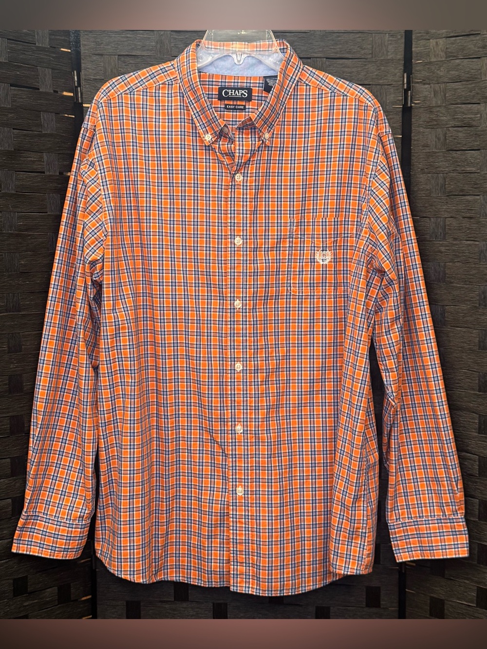 Chaps easy care Men's Plaid Orange and Navy Blue Long Sleeve Button-Down Shirt